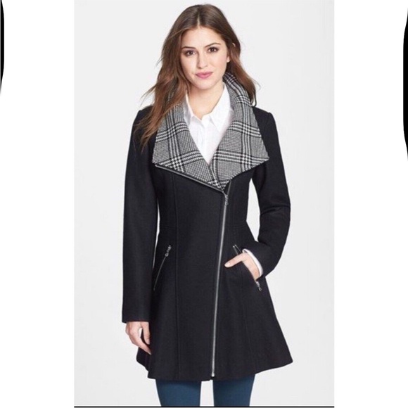 Guess Black wool Trench Coat with Plaid Collar L - Picture 1 of 16
